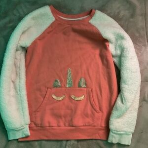 Coral Unicorn Sweatshirt with Fuzzy Sleeves